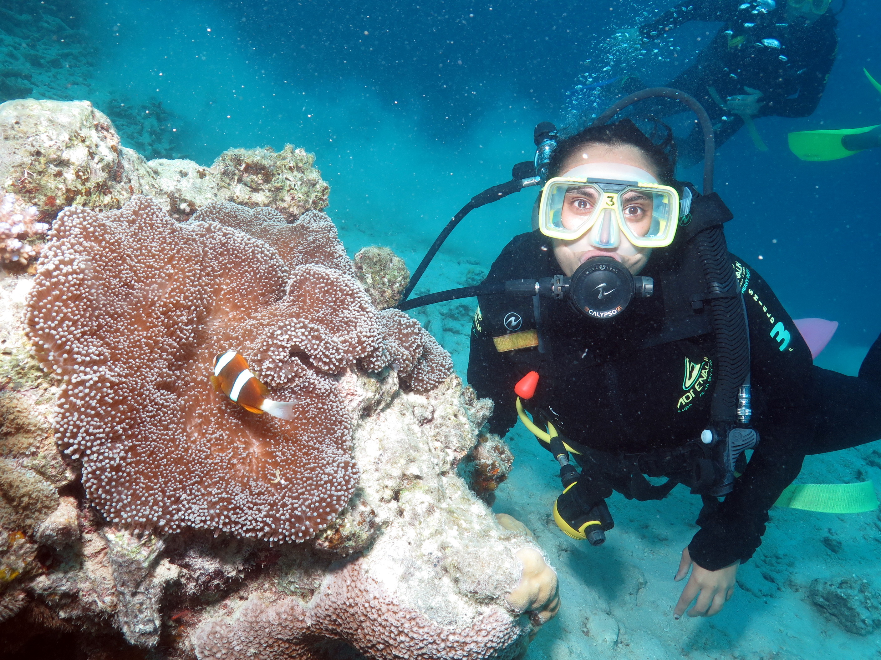 Priya diving near an anemone with a clownfish